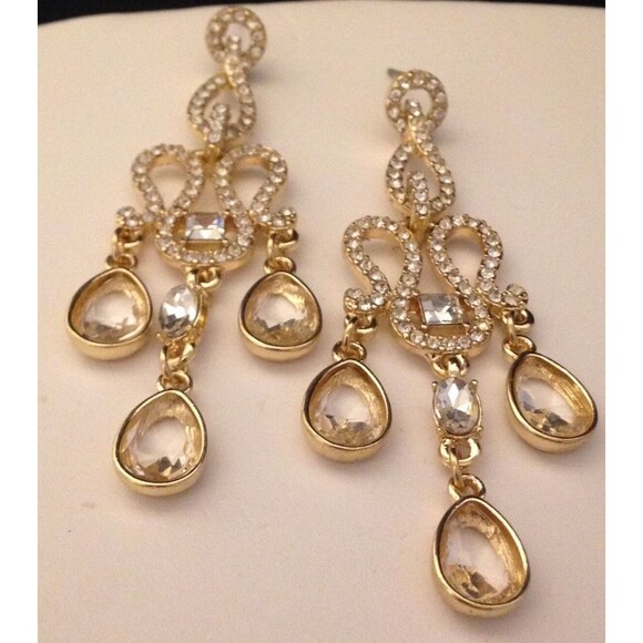 Designer Statement Earrings Gold Tone Crystal Chandelier Bridal Prom 8H - Picture 3 of 5